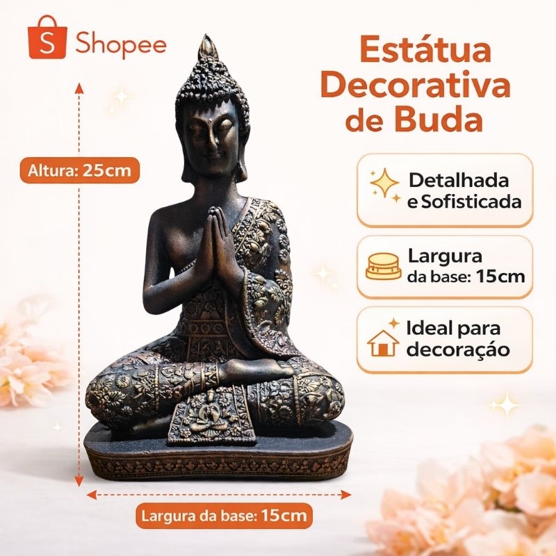 Imagem Buda Decorativo 25cm Barroco Pintado – Estátua Zen para Decoração