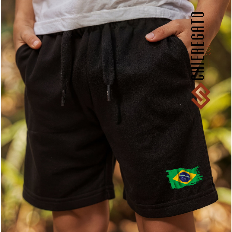 Short Infantil BRASIL Bermuda Moletinho Menino Estampada Seleção Brasileira Brasil Copa do Mundo