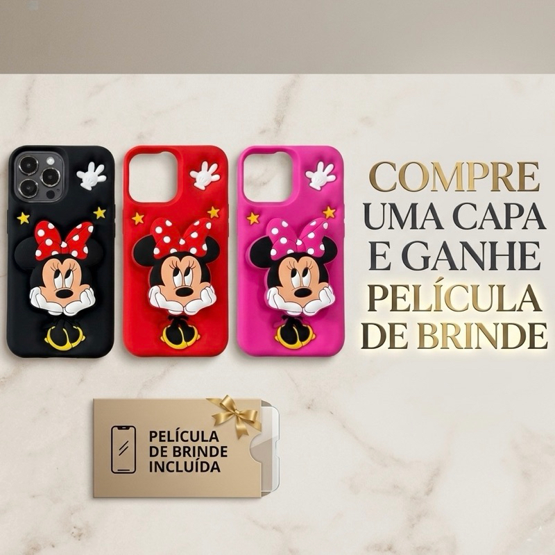 Capa + Pelicula de Celular Minnie Mouse com Suporte para iPhone 7/8 Plus, XR, 11, 12, 13, 14, 15 Pro Max