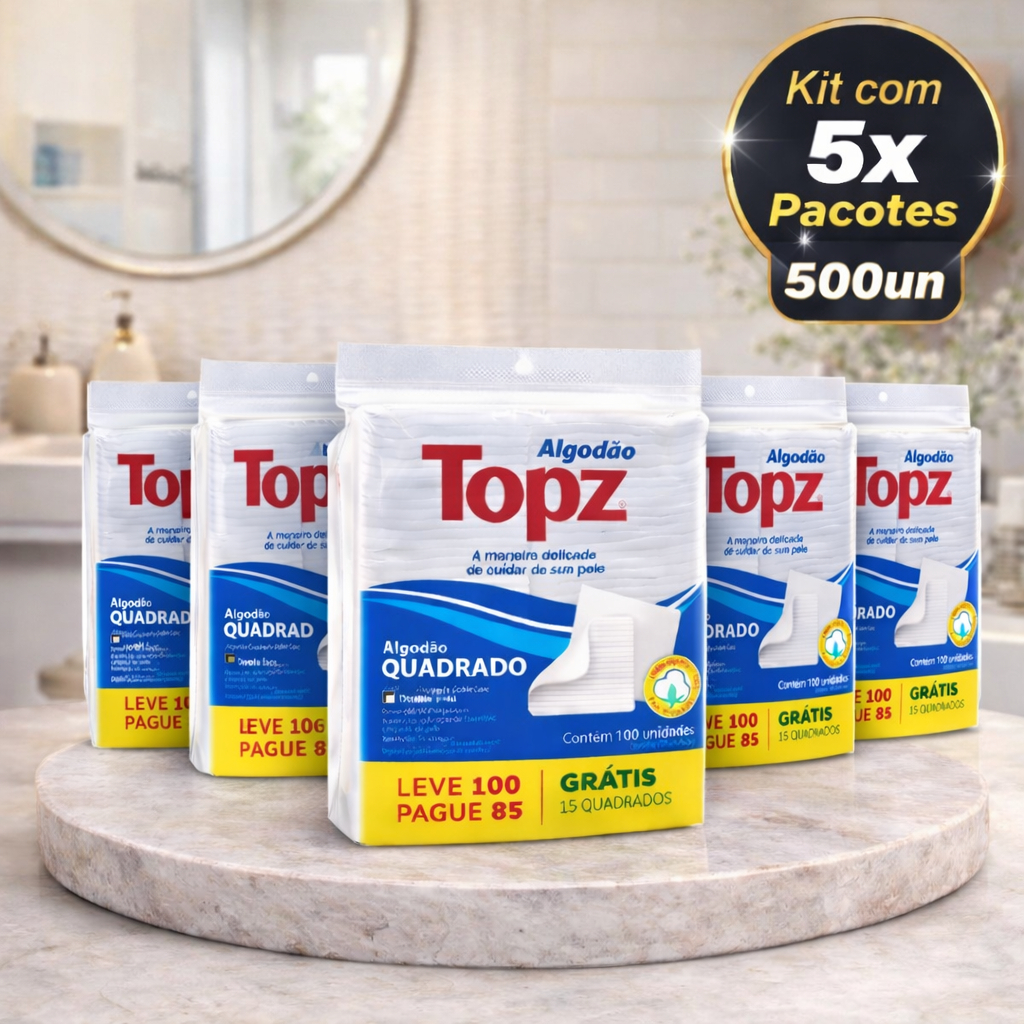 Kit 5x Pacotes Algodão Topz Quadrado Dupla Face Limpeza Facial 100 Un Ideal Para Maquiagem