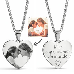 Colar Coração Personalizado com Foto Gravada a Laser Aço Inox Presente Dia das Mães