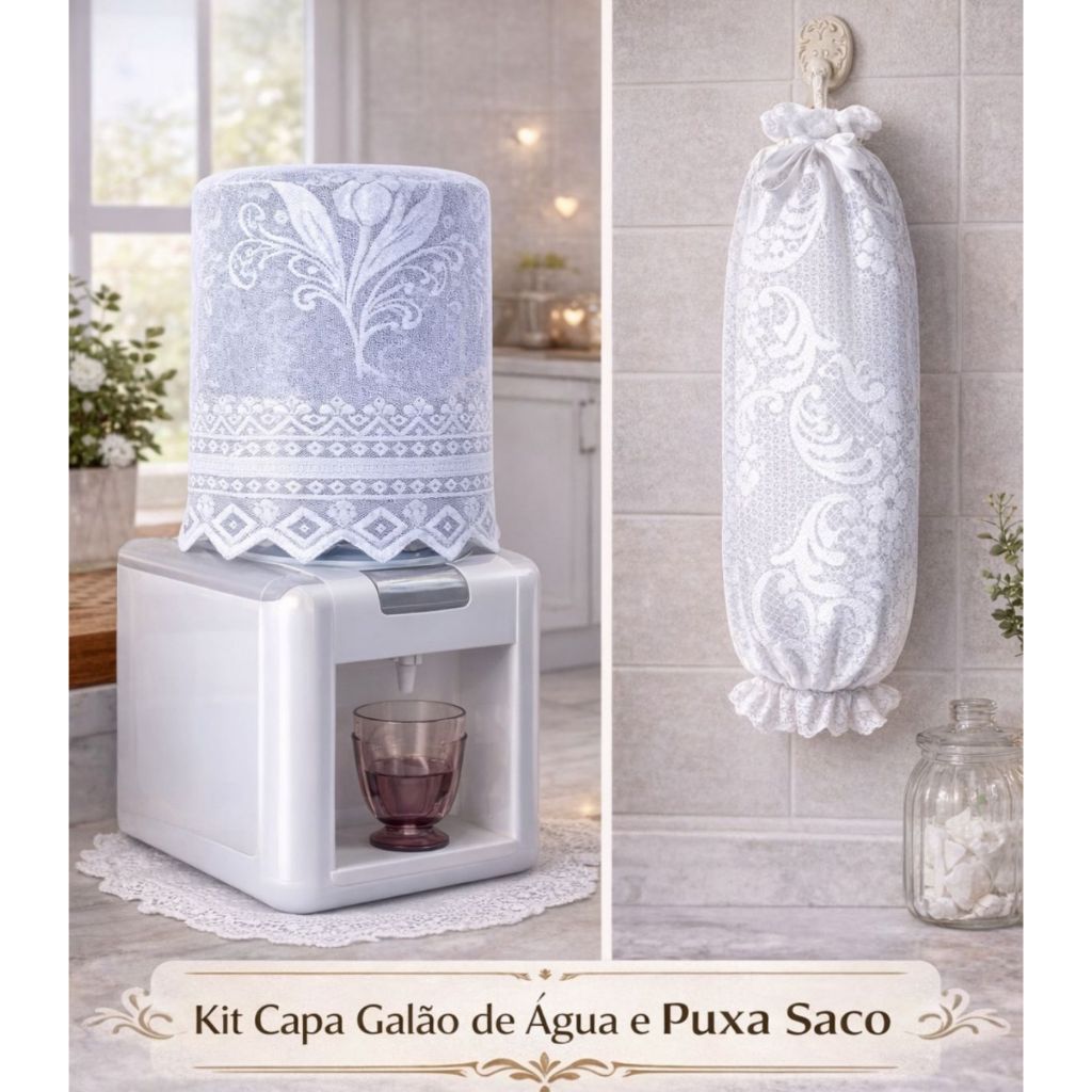 Kit 1 Capa de Renda Galão 20L + 1 Puxa Saco em Renda