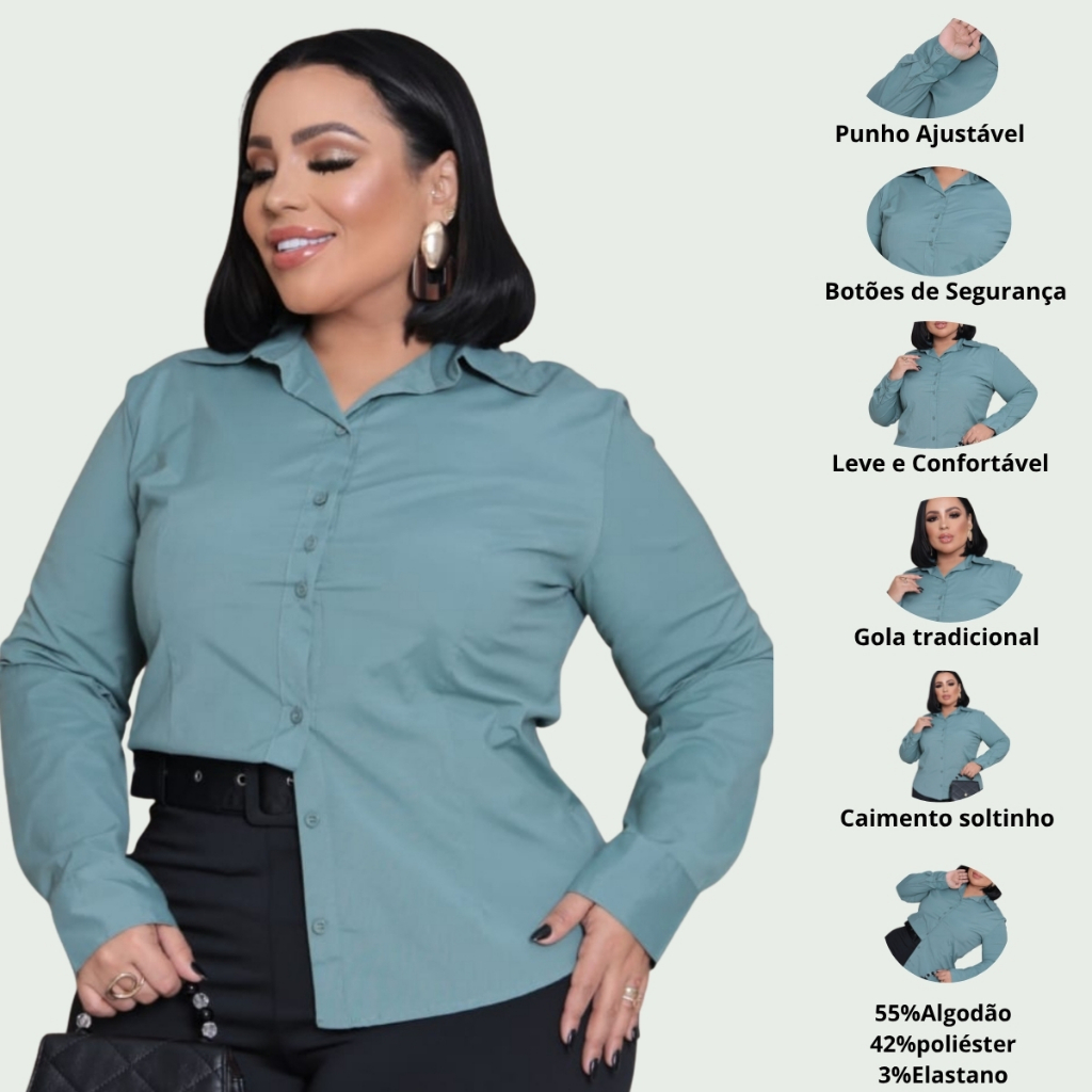 Camisa Feminina Social Manga Longa Plus Size Tricoline com Lycra Basica