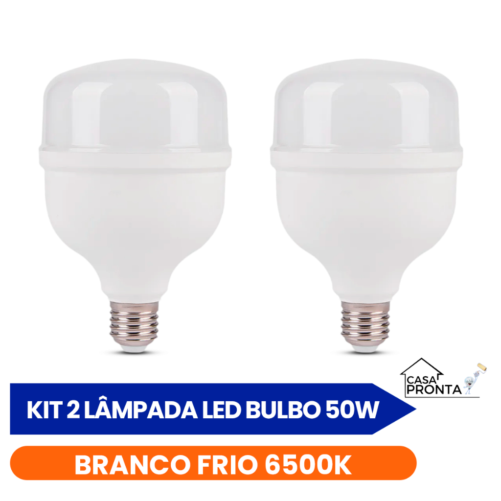 Kit 2 Lâmpadas LED 50W E27 Alta Potência Branco Frio Econômica 6500K