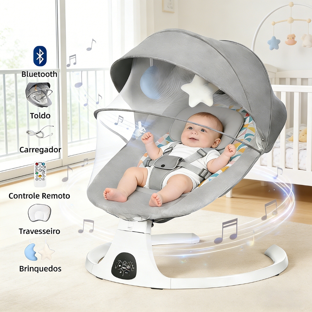 Cadeira de Balanço e Descanso Bebê Portátil Musical Elétrica Controle Brinquedos Mosquiteiro E Timer