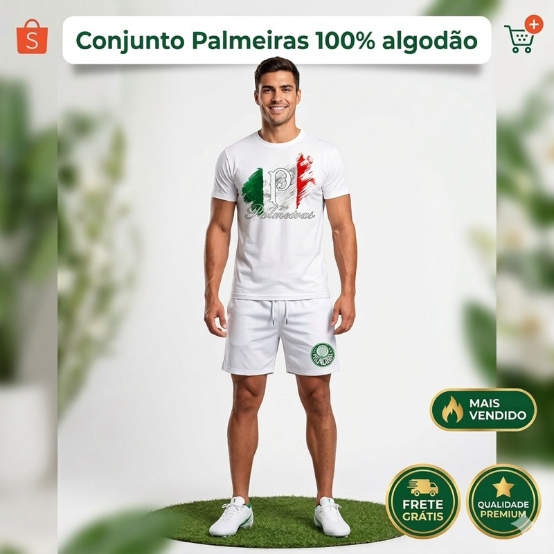 Conjunto Masculino Palmeiras Camiseta 100% Algodão + Short Tactel Premium Casual Confortável Futebol Verão em Oferta na Shopee