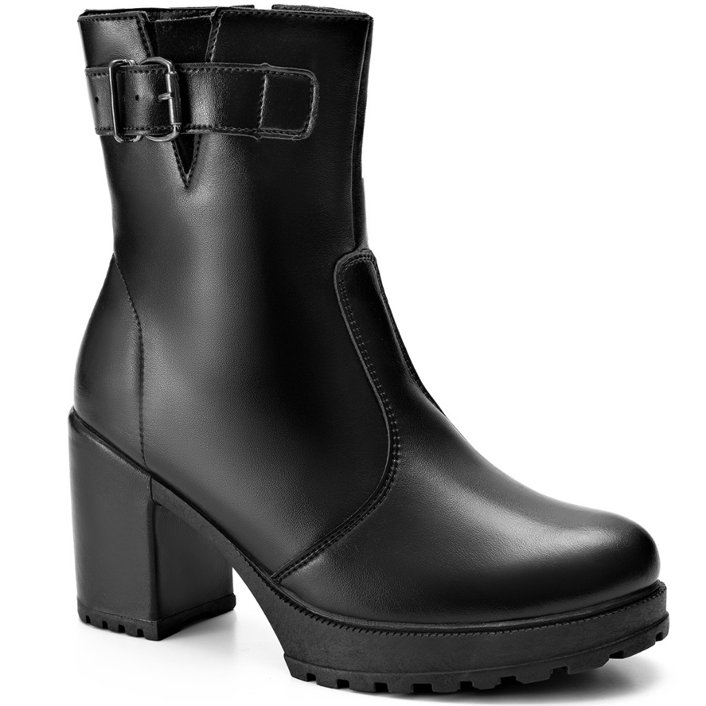 Bota Feminina Lumiss Tratorada Confortável Cano Curto Salto Bloco Fivela
