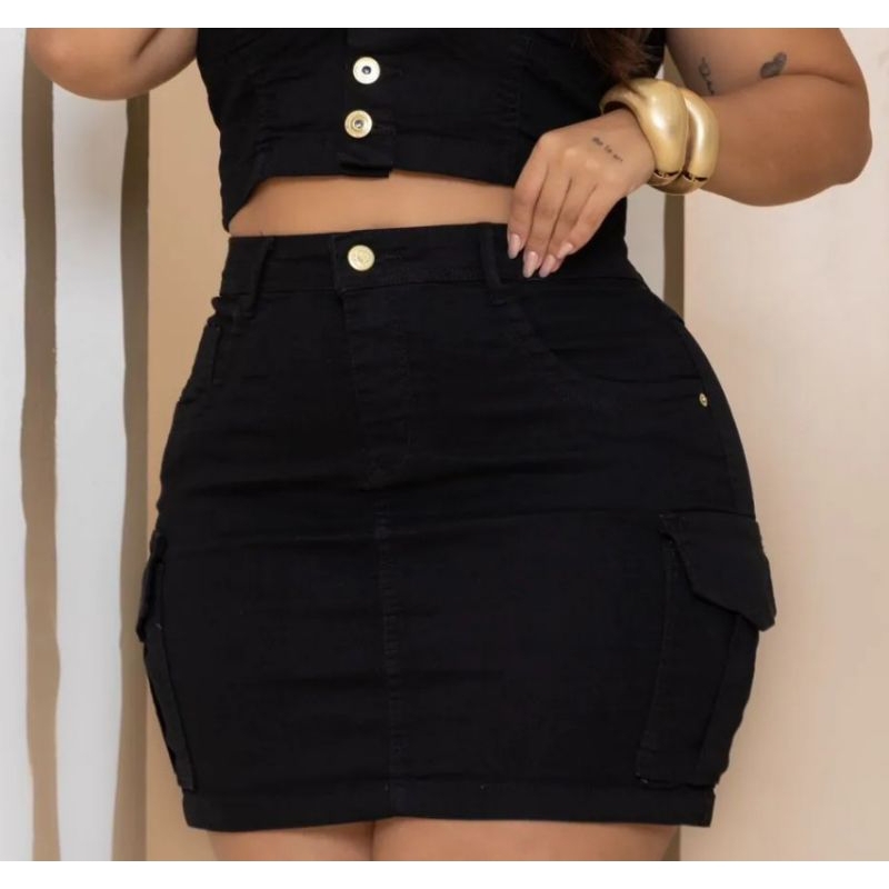 Mini Saia Jeans Feminina Plus Size Cargo Preto em Oferta na Shopee