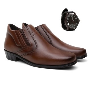 Kit Bota Social Masculina Marrom com Zíper + Relógio Masculino moderno Ótima opção para presente