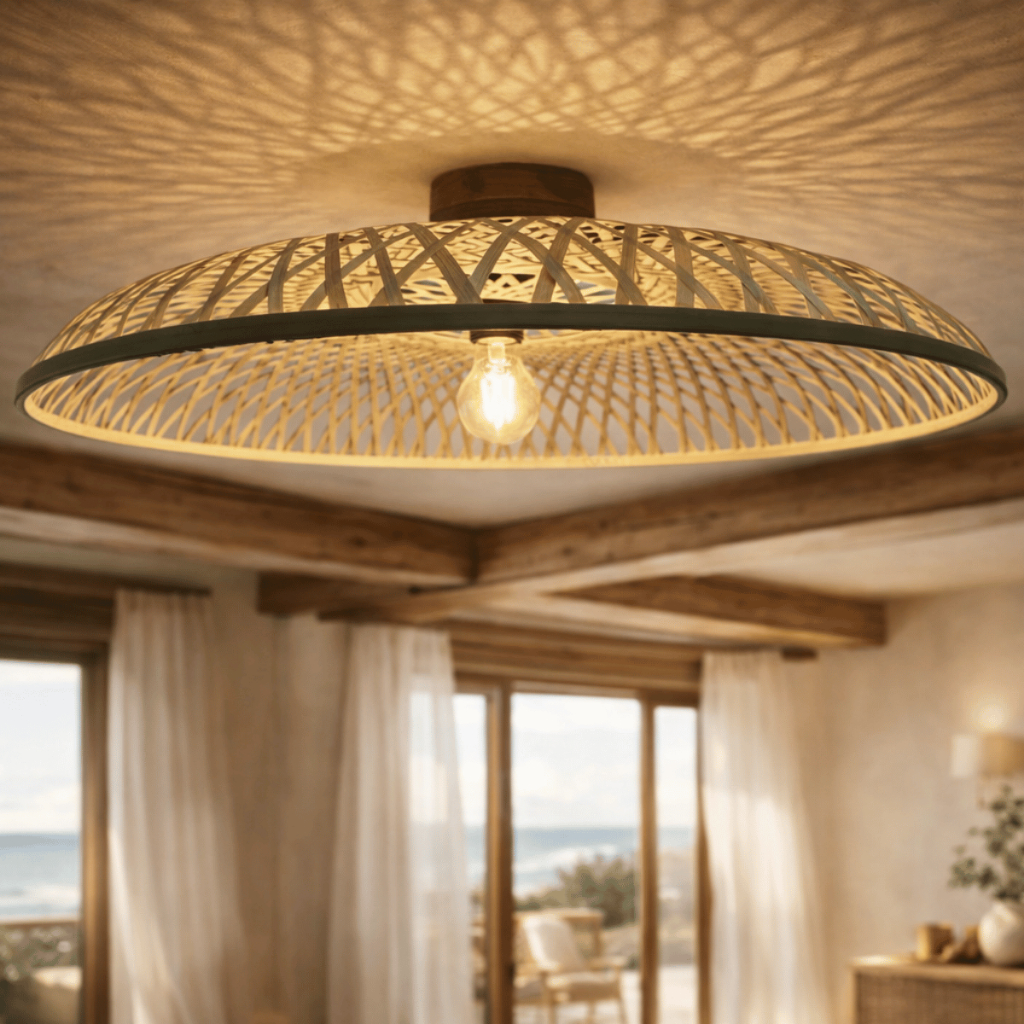 Plafon Sobrepor Bambu 60cm Luminária Rústica Teto Soquete E27 Sala Varanda Casa Praia Grande Bivolt