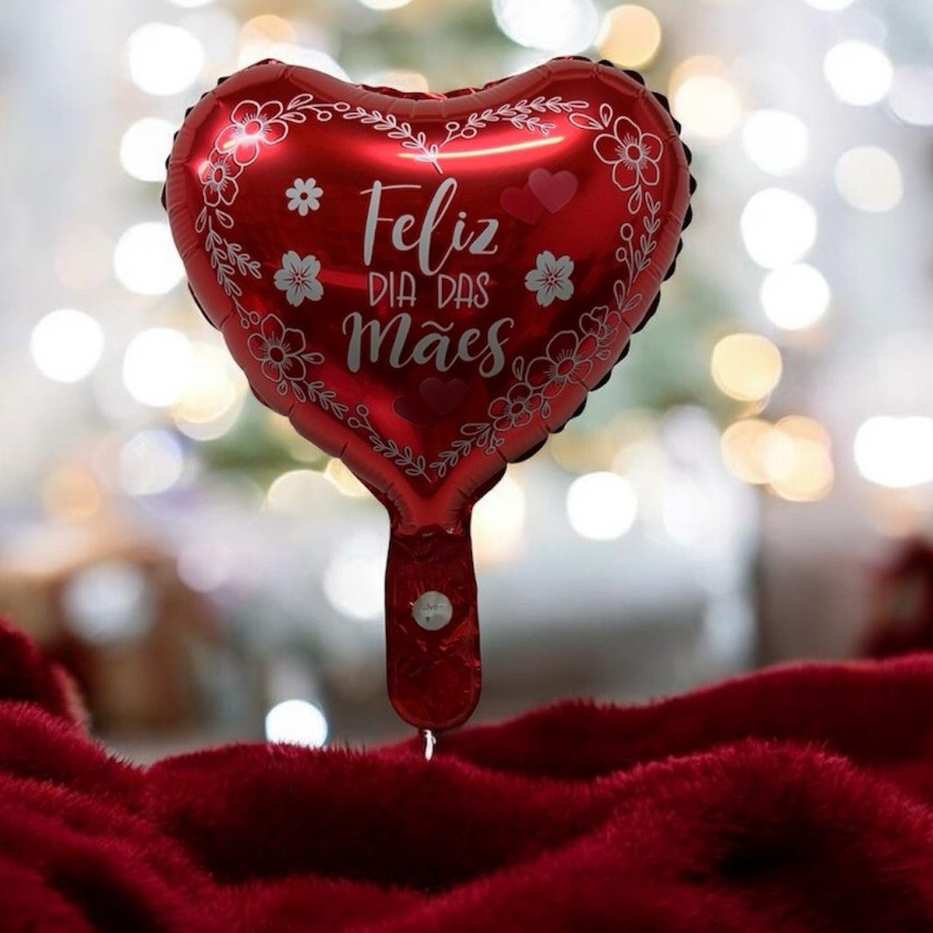 10 balão Metalizado Coração Vermelho Feliz Dia Das Mães Flores 30cm