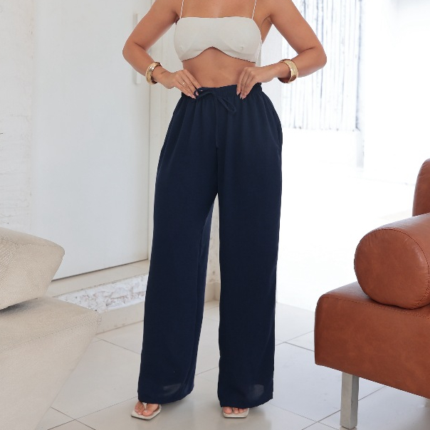 Calça Pantalona Feminina Tecido Duna Wide Leg Cintura Alta com Bolso Com Elástico na Cintura