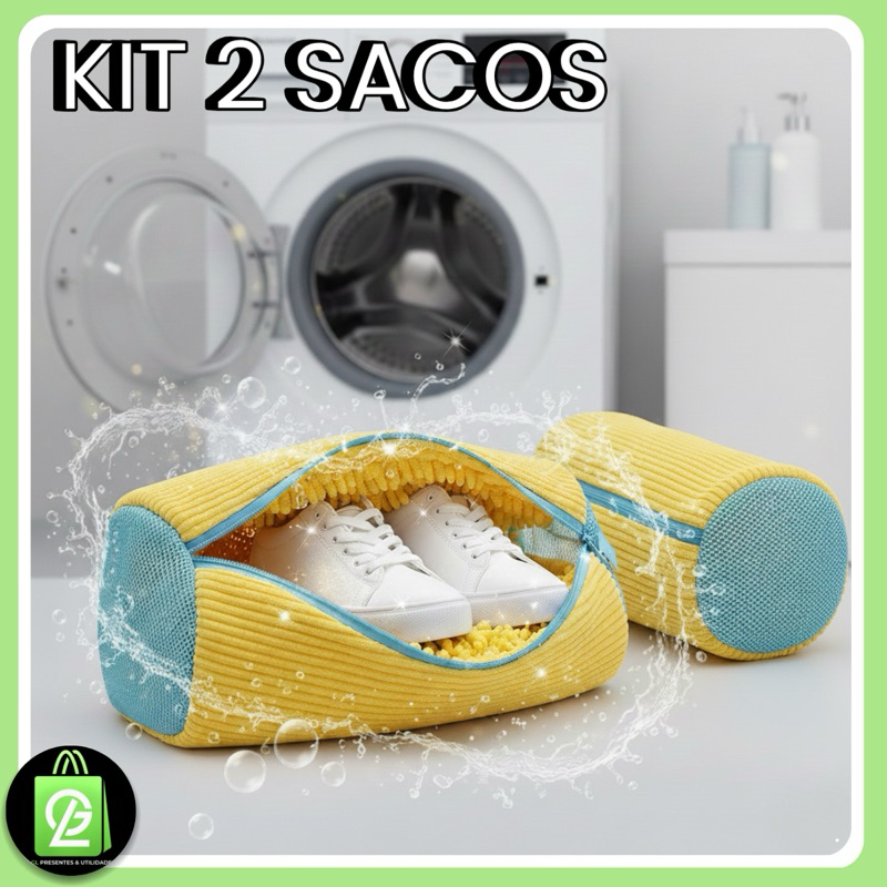 Kit 2 Sacos Bolsa de Lavar Tênis Sapato Calçado Magico Lavagem Máquina Roupa Capa Protetora Limpeza