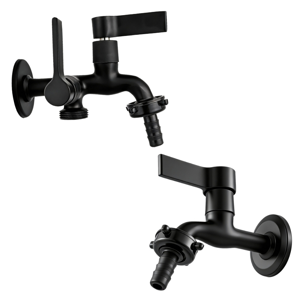 Kit 2 Torneiras Tanque e Máquina de Lavar Metal Preta Com Bico Jardim Dupla Saída Lavanderia Parede