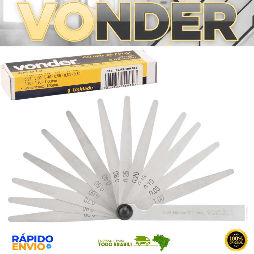 Cálibre De Folga 0,05 1,00mm Vonder 13 Lâminas Profissional Mecânicas Industriais Aço Resistente