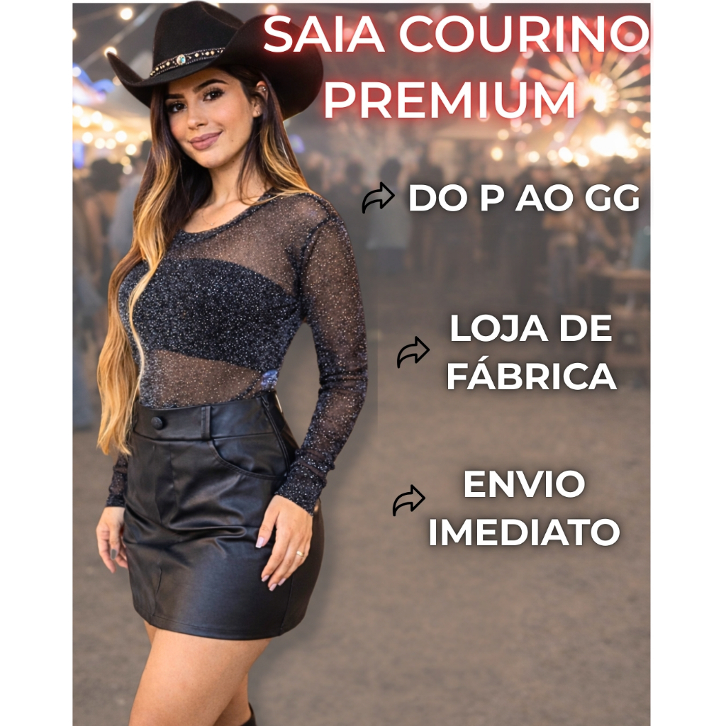 Saia Courino Moda Couro Fake Cintura Alta Ziper Lateral Preto P Ao GG Moda Luxo Festa Rodeio em Oferta na Shopee