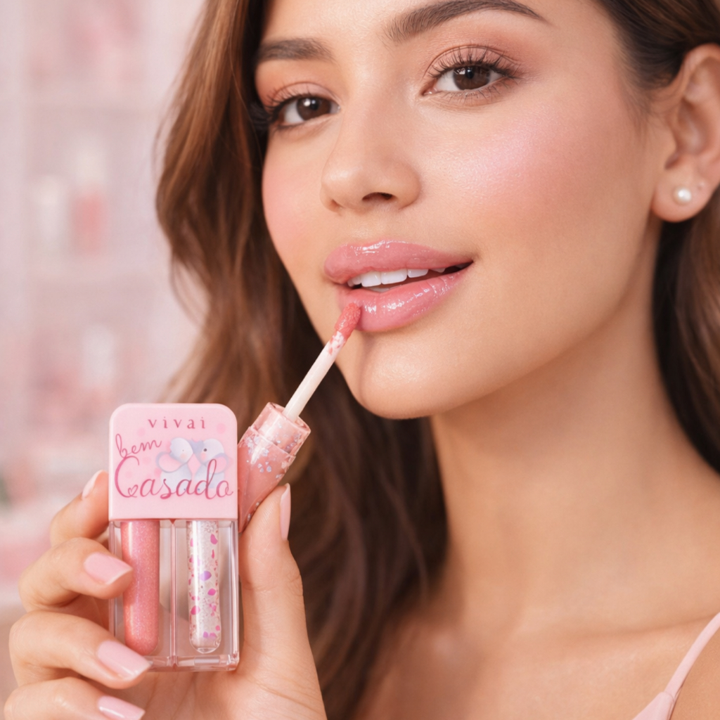 Gloss Duo Hidratante Labial Brilho e Maciez com Aroma Frutas Uva Morango Pitaya Kiwi Cereja Pêssego
