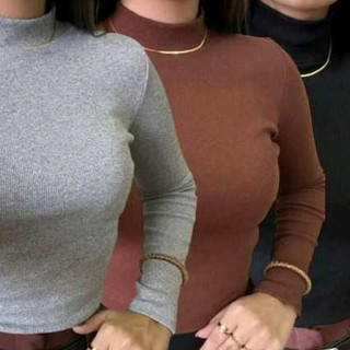 Blusa Tecido Ribana Canelada Manga Longa Feminina gola Media Cacharrel