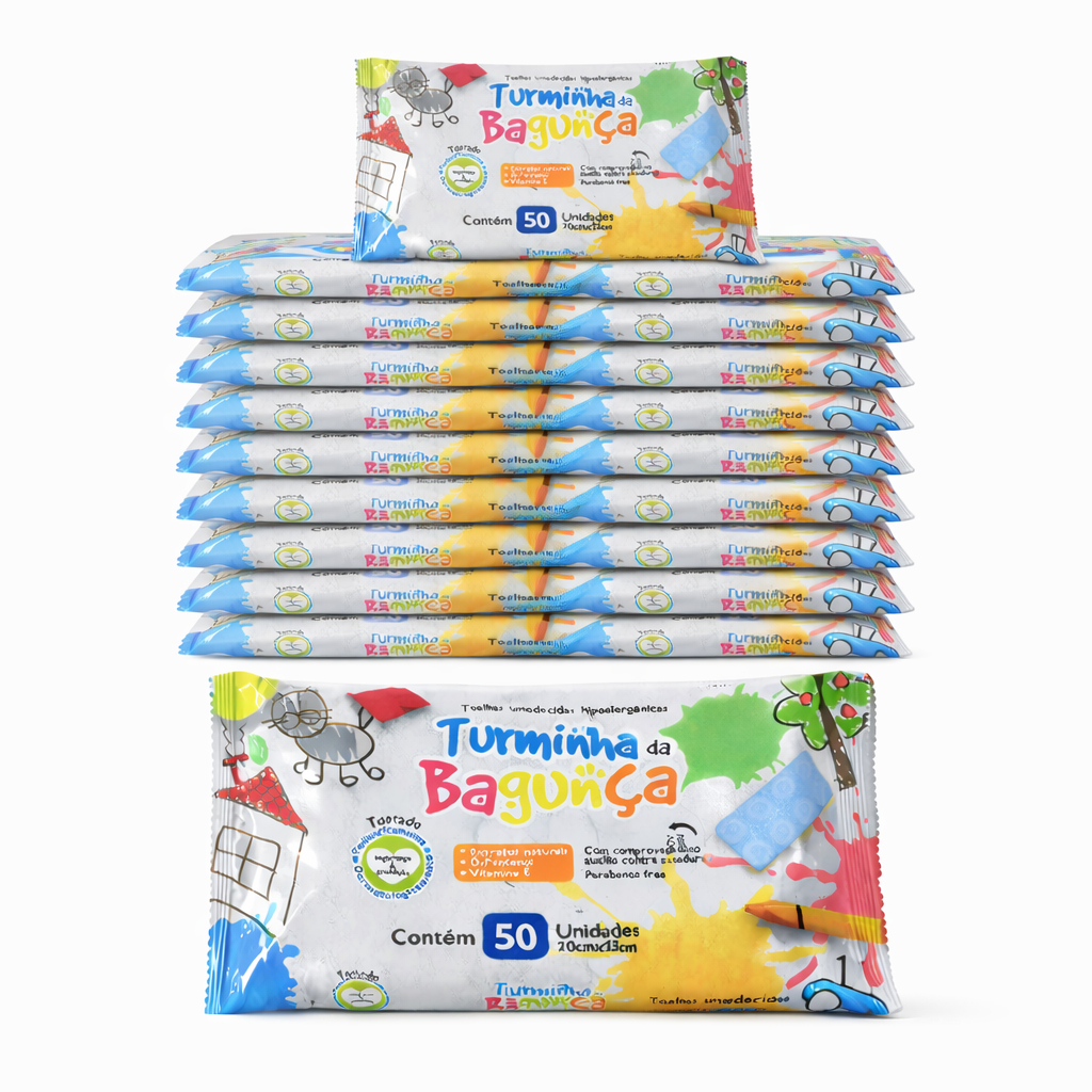Kit 15 Toalhas Umedecidas Turminha da Bagunça 50 Folhas 98% Água
