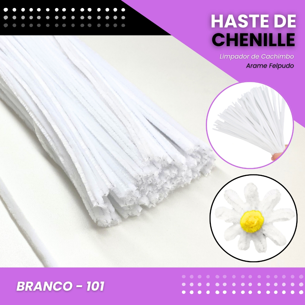 100 Haste de Chenille Limpador de Cachimbo Fios Artesanato 30cm COR:BRANCO-101 em Oferta na Shopee