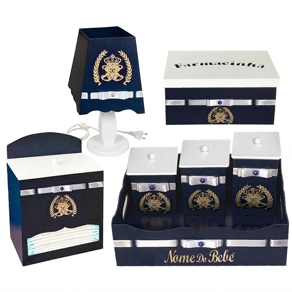 Kit Higiene bebê Urso Ramo em Madeira MDF Azul Marinho. em Oferta na Shopee