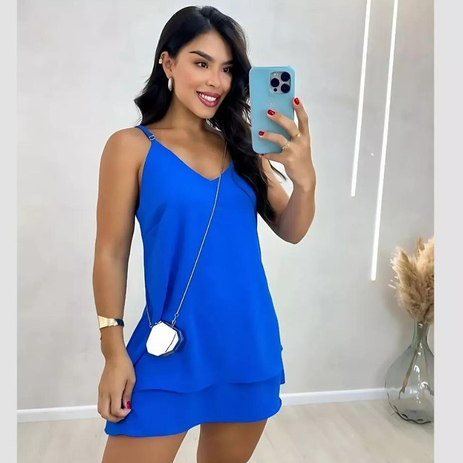 Vestido Femininos no Tecido Duna, Alça Ajustável e Detalhe em Camadas Leve Ocasiões. em Oferta na Shopee