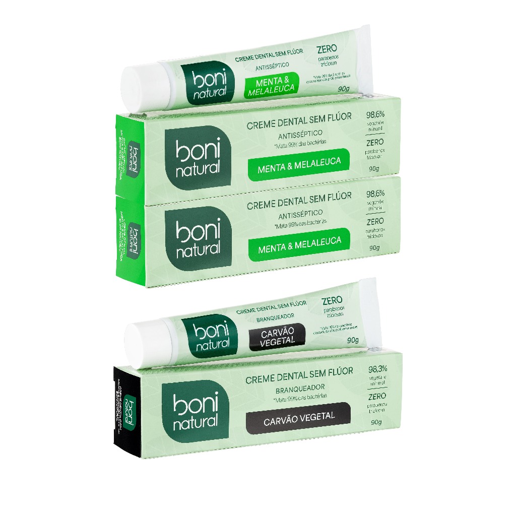 Kit 2 Cremes Dentais Menta e Melaleuca + 1 Carvão e Menta 90g Boni Natural