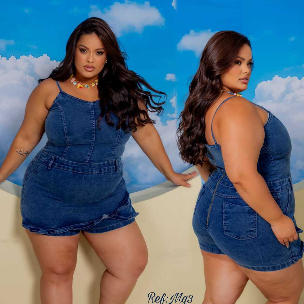 Macaquinho Shortsaia Jeans Com Lycra Plus Size Cintura Alta Ref:MQ3