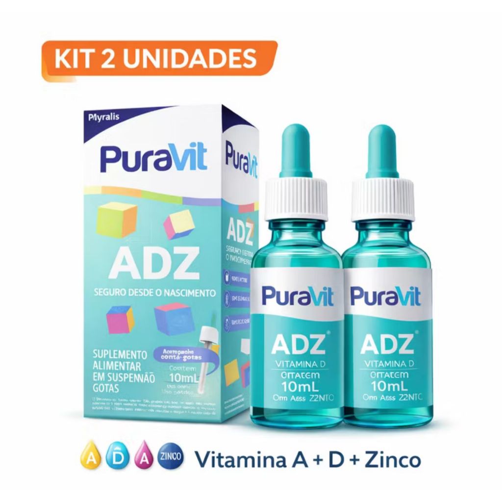 Kit 2x Puravit ADZ Gotas 10ml Bebê | Vitamina A + D + Zinco | Imunidade, Ossos e Visão | Conta-Gotas