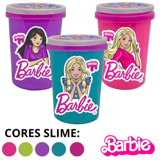 Kit 3 Slime Barbie Com Charms Brinquedo Infantil Potinho 180g Rosa Roxo Amarelo Magenta Azul