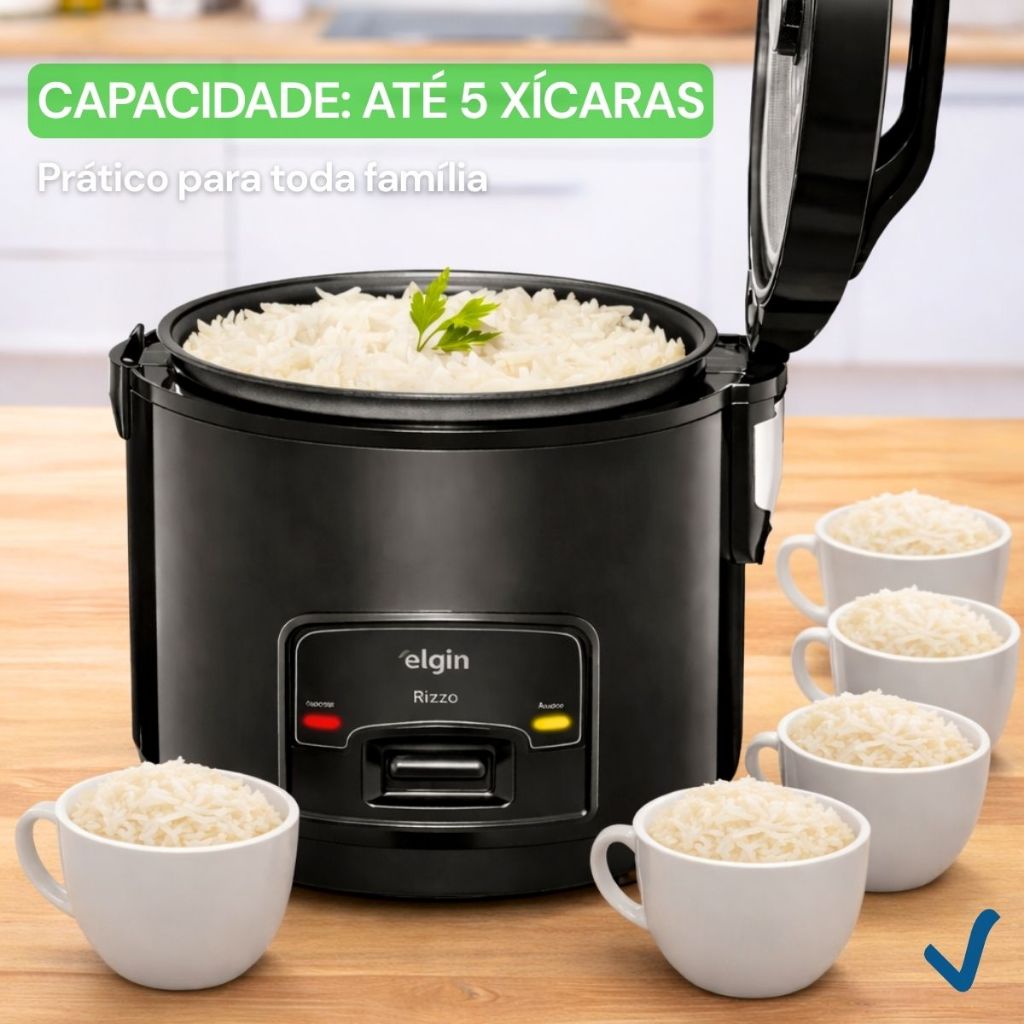 Panela de Arroz Elétrica Elgin Rizzo 5 Xícaras 400W Preta Antiaderente com Bandeja a Vapor 220V