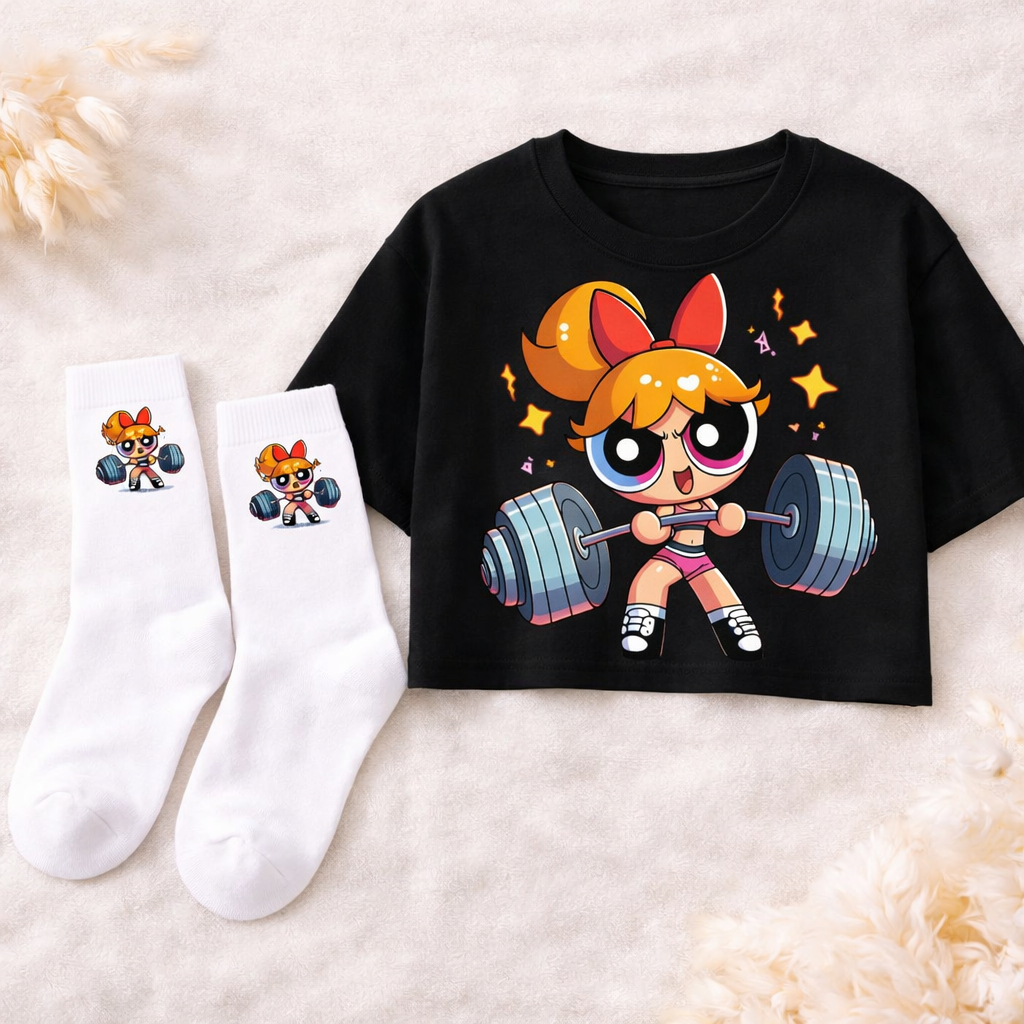 Kit Cropped Feminino Estampado + Meia  Super Poderosas Academia Fitness Moda Feminina