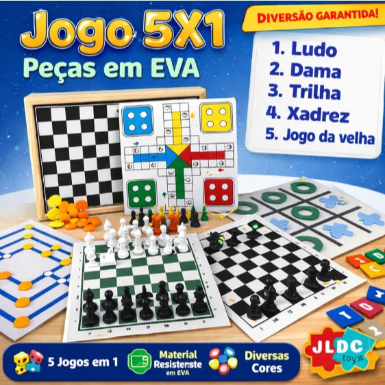 Jogo Tabuleiro 5x1 4x1 3x1 Jogo da Velha, Ludo, Xadrez, Dama, Ludo, Trilha JLDC TOYS
