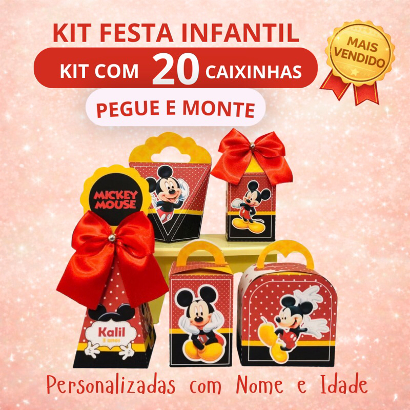 Kit Festa Infantil Mickey Personalizado Pegue e Monte 20 Caixinhas Lembrancinha Aniversário Infantil