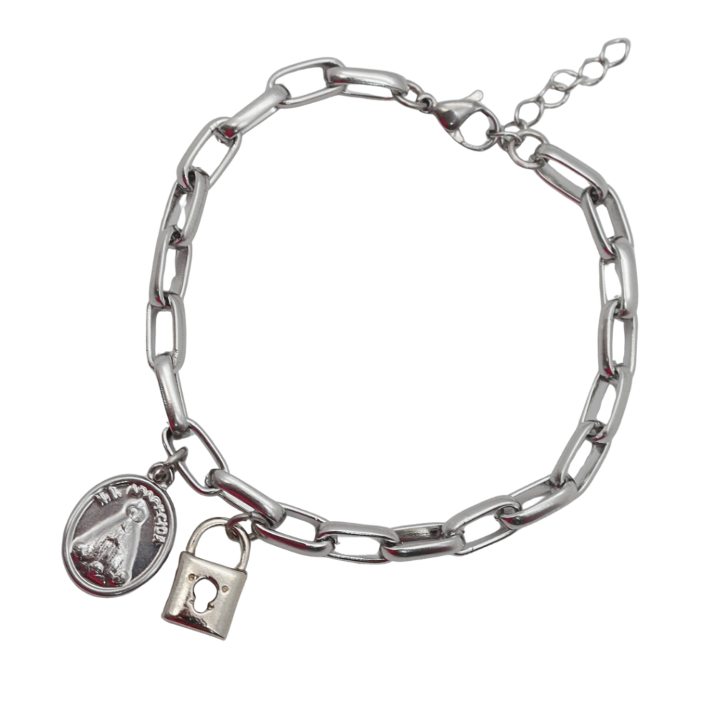 Pulseira Corrente Cadeado Aço Inox Cadeia Consagração Nossa Senhora Aparecida
