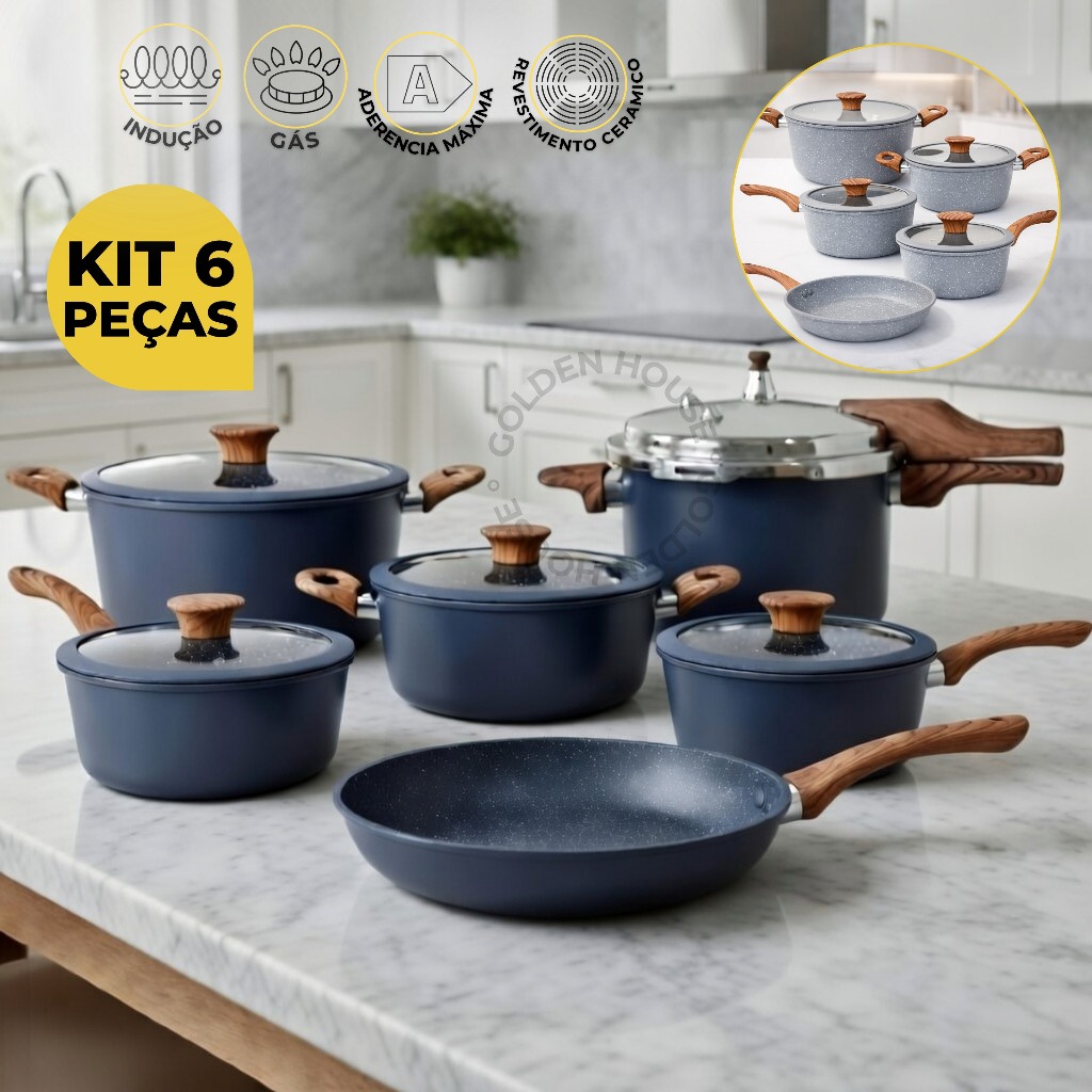 Jogo de Panelas até 6 Peças Com Panela de Pressão Cerâmica Antiaderente – Fogão de Indução e à Gás