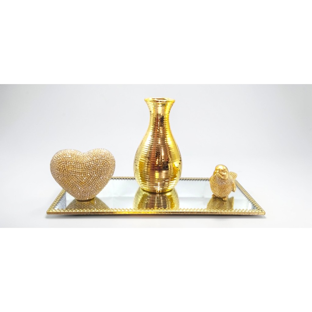 Kit Decoração Luxo Dourado Bandeja Espelhada + Vaso + Coração Decorativo