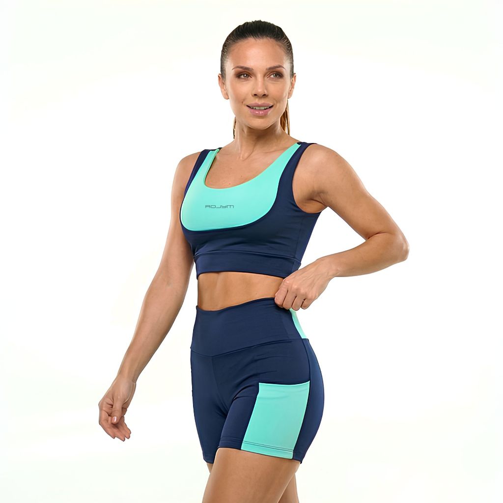 Conjunto Fitness Feminino Academia Top Shorts Cintura Alta Com Bolso Zero Transparência Alta Compressão Treino Ginástica