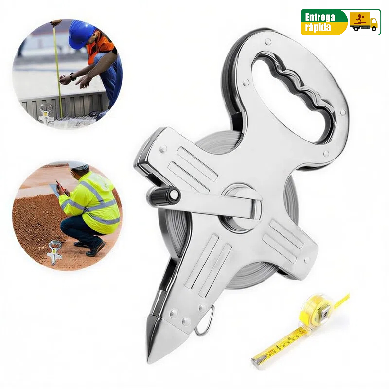 Trena Profissional Fita Métrica 100 Metros Aço Inox Retrátil com Fita Métrica Transparente de 3M