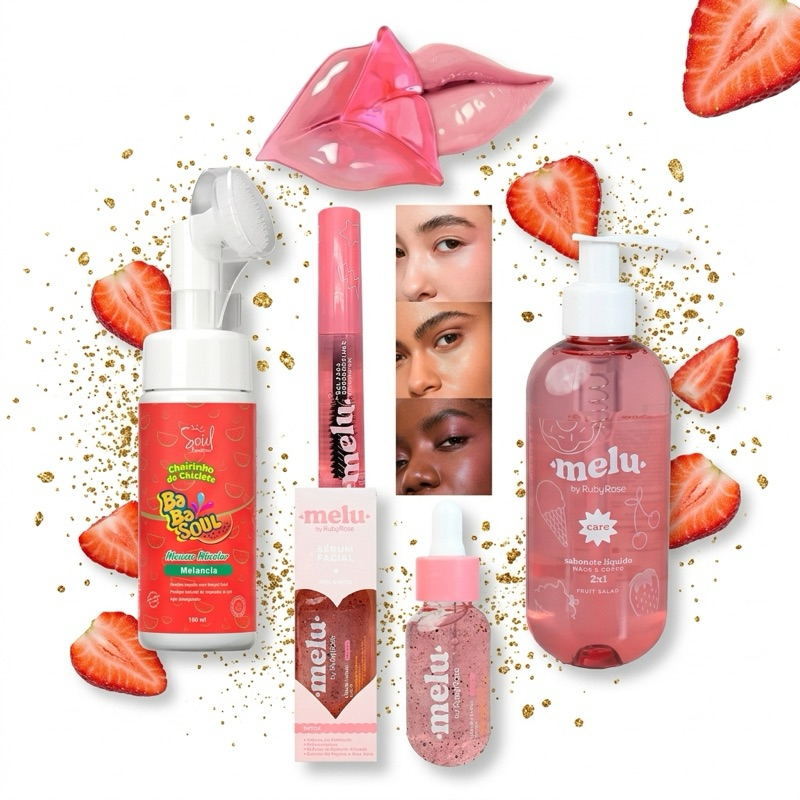 Kit Skincare Melu Ruby Rose 5 Produtos Sabonete Líquido Mousse Micelar Sérum Facial Gel Sobrancelha Máscara Labial