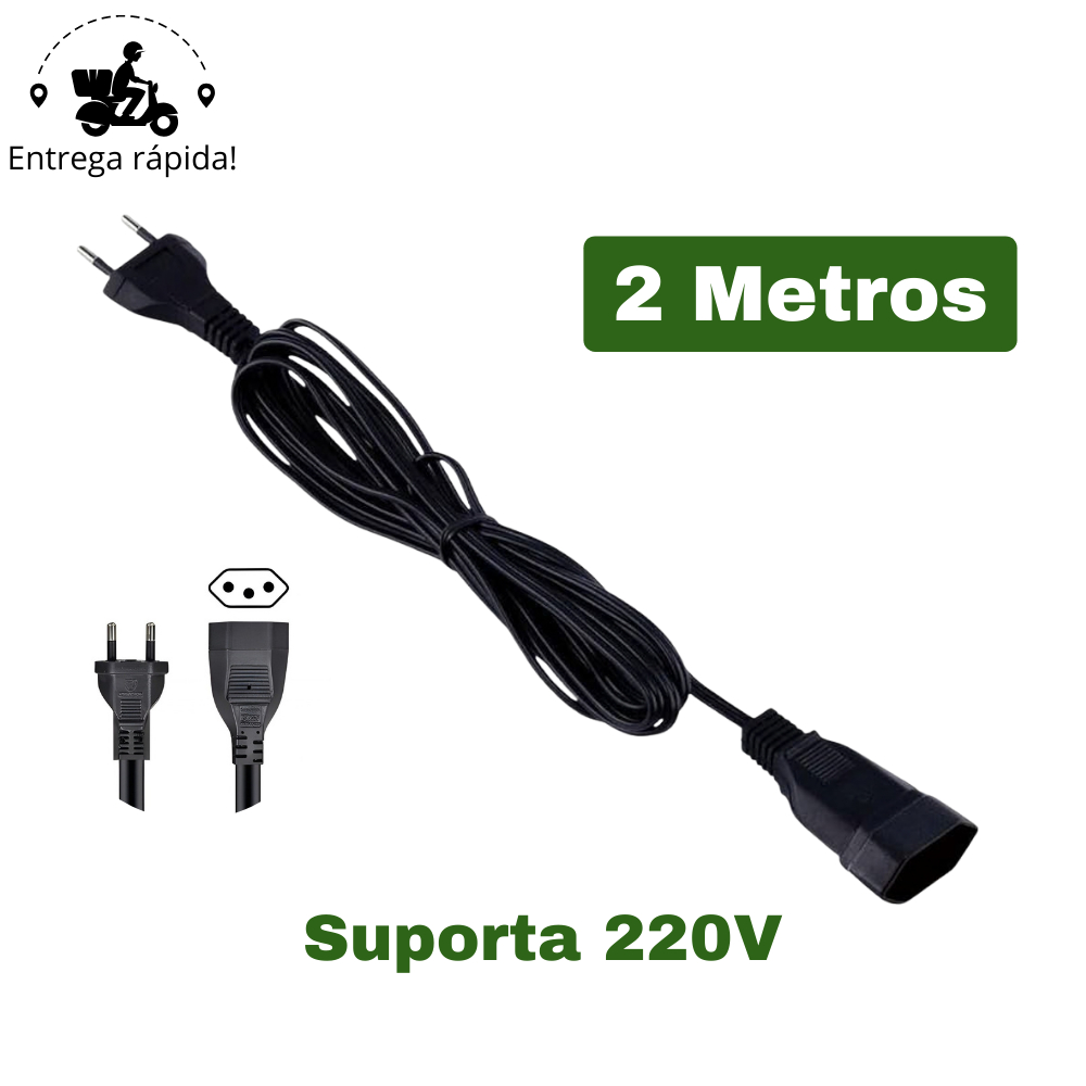 Extensão Elétrica e Prolongador Preto Extensor de Cabo 2 Metros Bivolt 110v e 220v