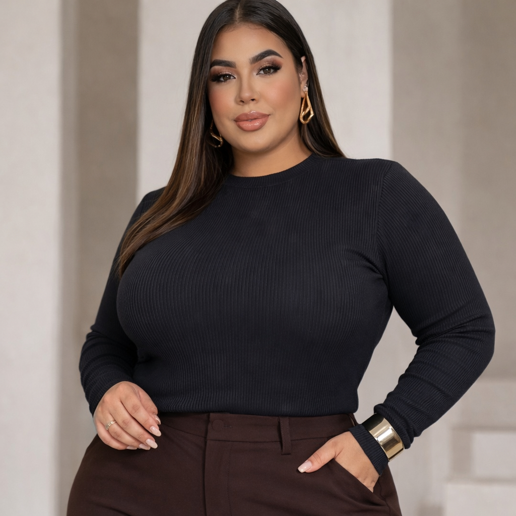 Blusa Feminina Canelada Manga Longa Básica Inverno Elegante Segunda Pele