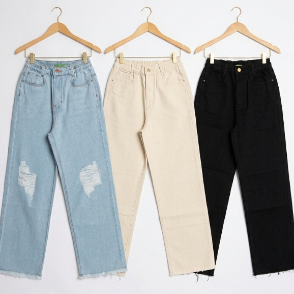 Kit 3 Calças Wide Leg Infantil Feminina Jeans Claro Rasgado, Preto e Bege, Modelagem Pantalona, Cintura Média/Alta