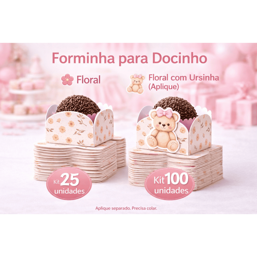 Forminha para Docinho Ursinho Chá Revelação | Forminha Brigadeiro Floral Rosa Festa Menina