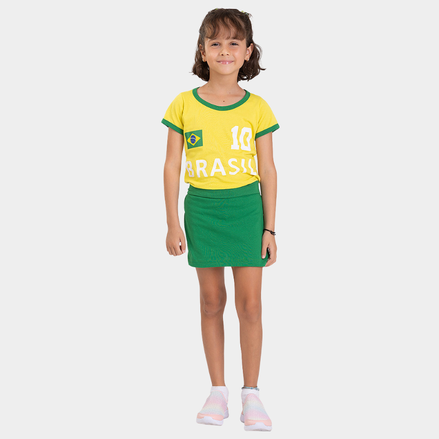 Conjunto Brasil Infantil Menina Amarelo Blusa e Shorts Saia