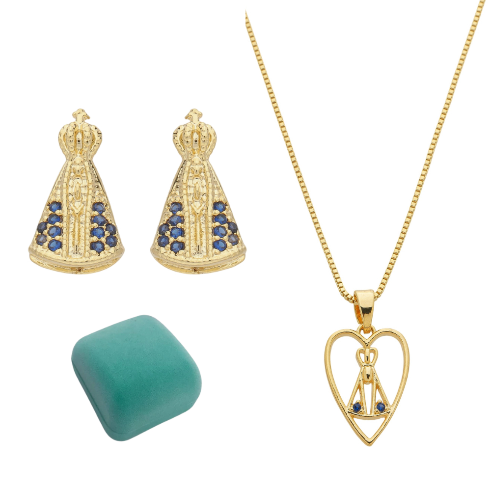 Kit joia presente feminino colar e brinco Nossa Senhora Aparecida folheado a ouro 18k antialérgico com caixa veludo