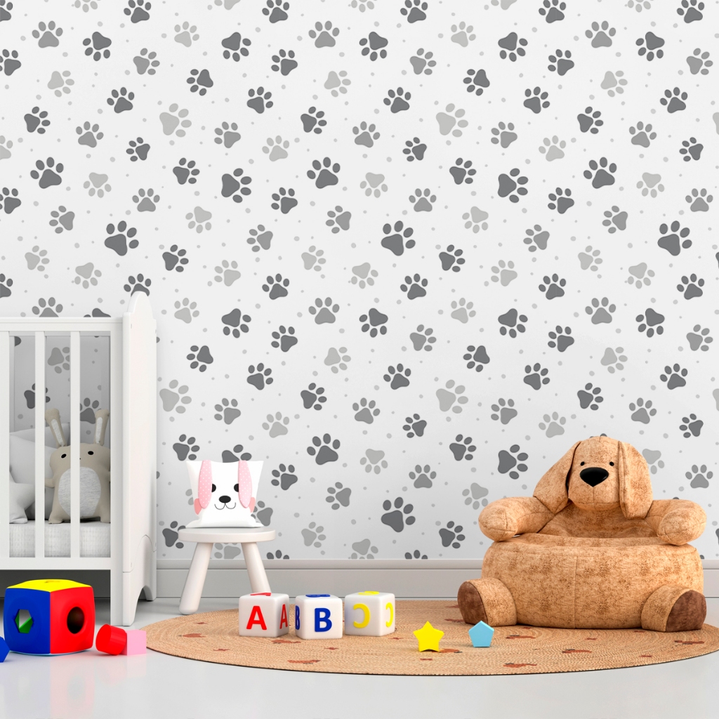 Papel de Parede Animal Patinhas de Cachorro em Preto e Branco- Adesivo Autocolante