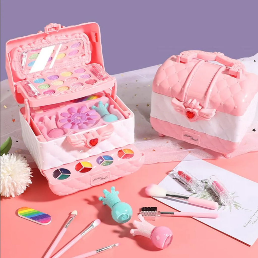 Maleta de Maquiagem Infantil Completa Blush Sombra Kit Pincéis Brinquedo de Menina