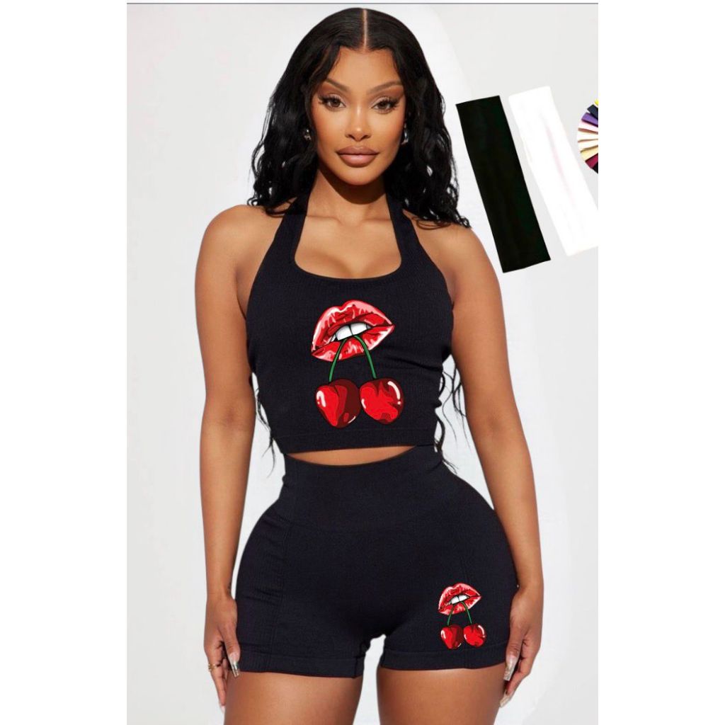 Kit Conjunto Fitness + faixa esportiva estampada combinando  para Academia Top e Short Super Confortável com Compressão