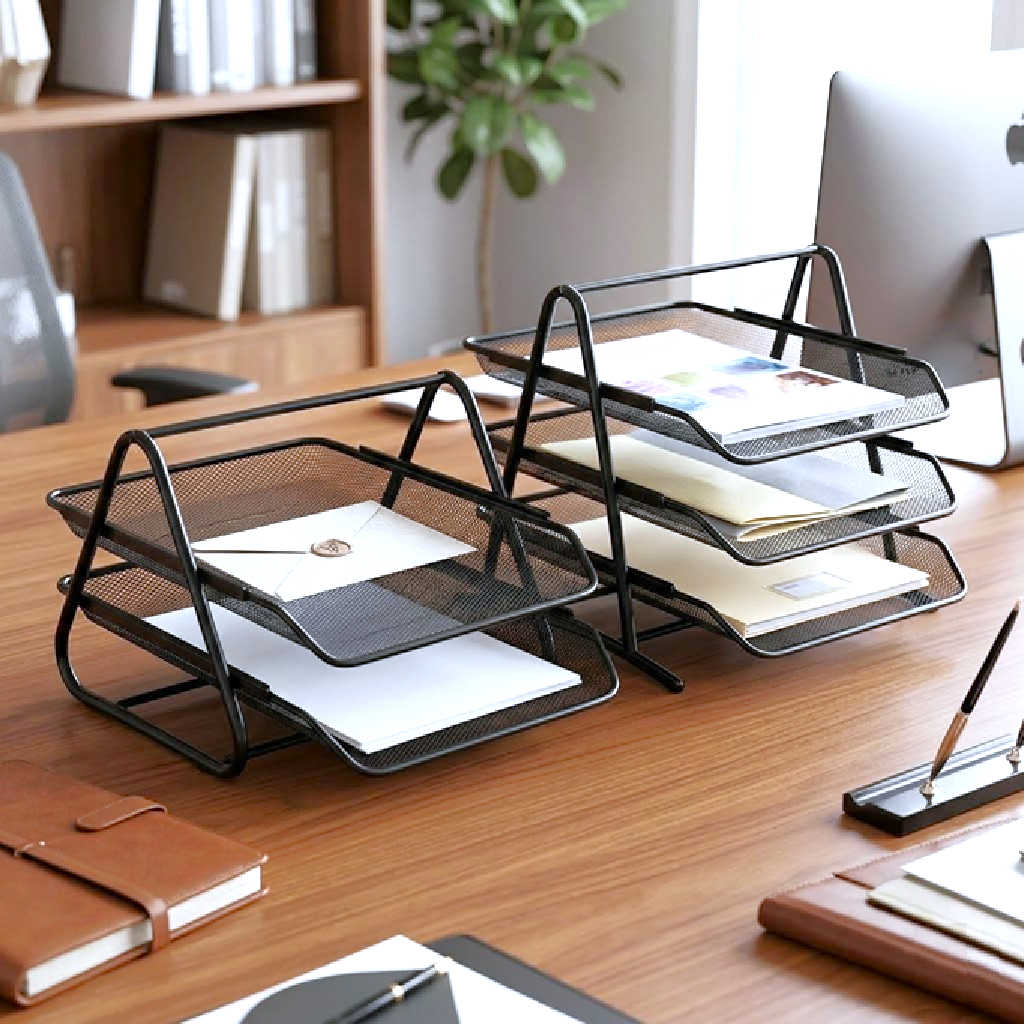 Organizador Mesa Escaninho Escritório 2 e 3 Bandejas A4 Tela Metálica Preta Papéis Documentos
